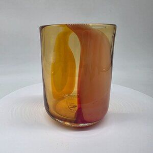 Handblown Pier 1 Amber Yellow Glass Drinking Tumblers Art Swirl Design
